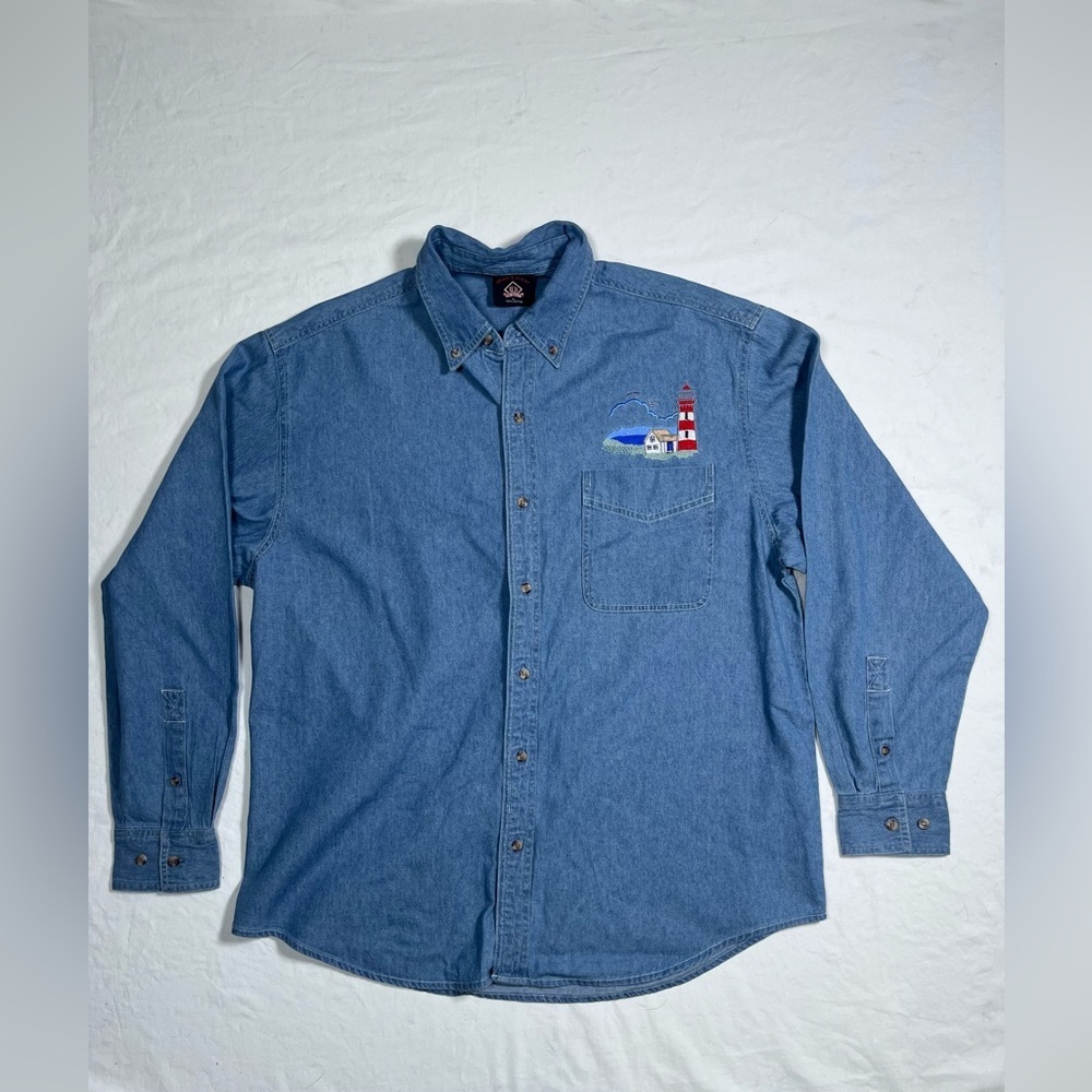 Women’s Blue Denim Button-Down Shirt with Lighthouse Embroidery